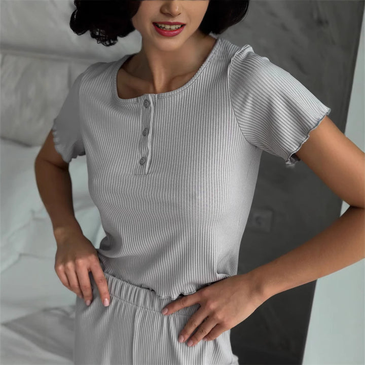 Damen Pyjama-Set mit elastischem Taillenschnitt und Knopfdetails