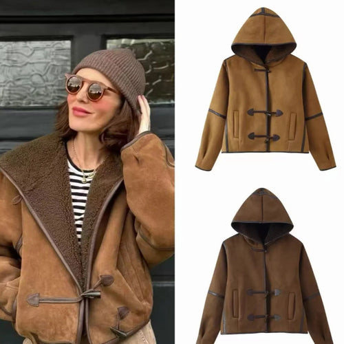 Damen 10+ kurze Lammfell‑Optik Dufflejacke mit Kapuze und Knebelverschlüssen Drune