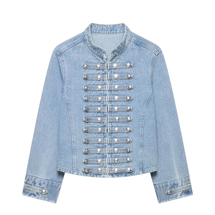Damen Taillierte Denim‑Blazerjacke im militärisch inspirierten Marschallstil mit Zierknopfleiste Drune