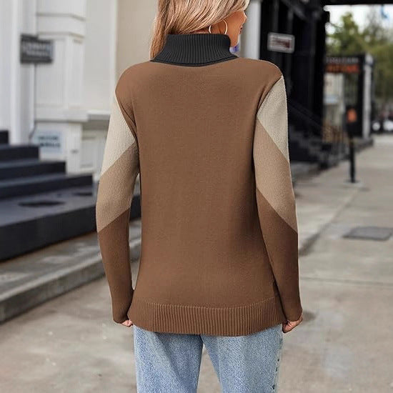 Damen Strickpullover mit hohem Kragen und modernen Farbblockdetails Drune