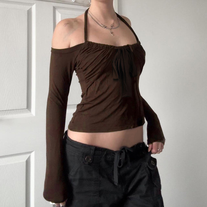 Damen Kurzgeschnittenes Schulterfreies Longsleeve mit Neckholder, Brustraffung und BindDruneand Drune