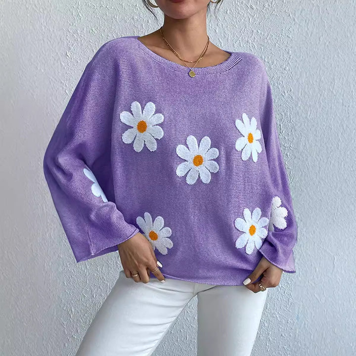 Damen Strickpullover mit verspieltem Blumendesign und weitem Schnitt Drune