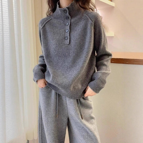 Damen lässiger Strickpullover mit Knopfleiste und kurzem Kragen Drune