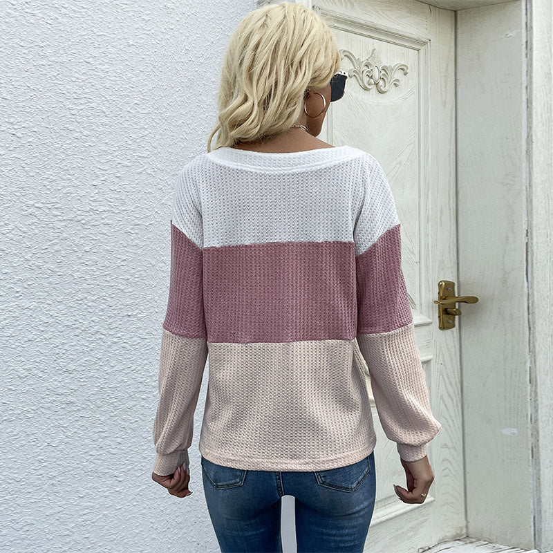 Damen Farbenblock Waffelstrick-Top mit V-Ausschnitt und Zierknopfleiste Drune