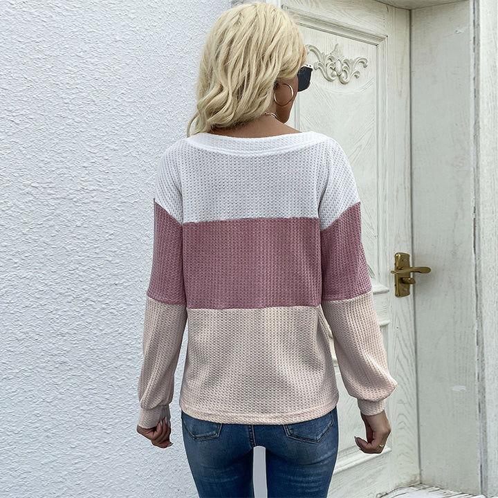 Damen Farbenblock Waffelstrick-Top mit V-Ausschnitt und Zierknopfleiste Drune