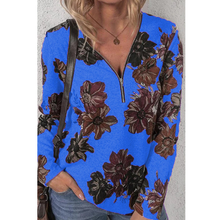 Damen lockeres V-Ausschnitt Longsleeve-Shirt mit kurzem Reißverschluss und floralem Allover-Druck Drune
