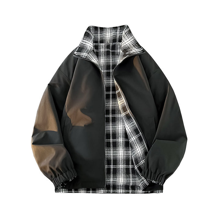Unisex Wende-Utility-Jacke mit kariertem Innenfutter, Stehkragen und elastischen Bündchen Drune