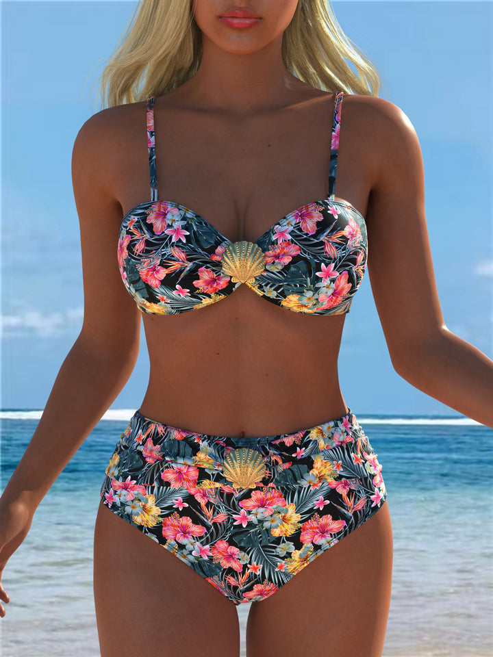 Damen Bikini-Set mit floralem Balconette-Oberteil und hochgeschnittenem Höschen Drune