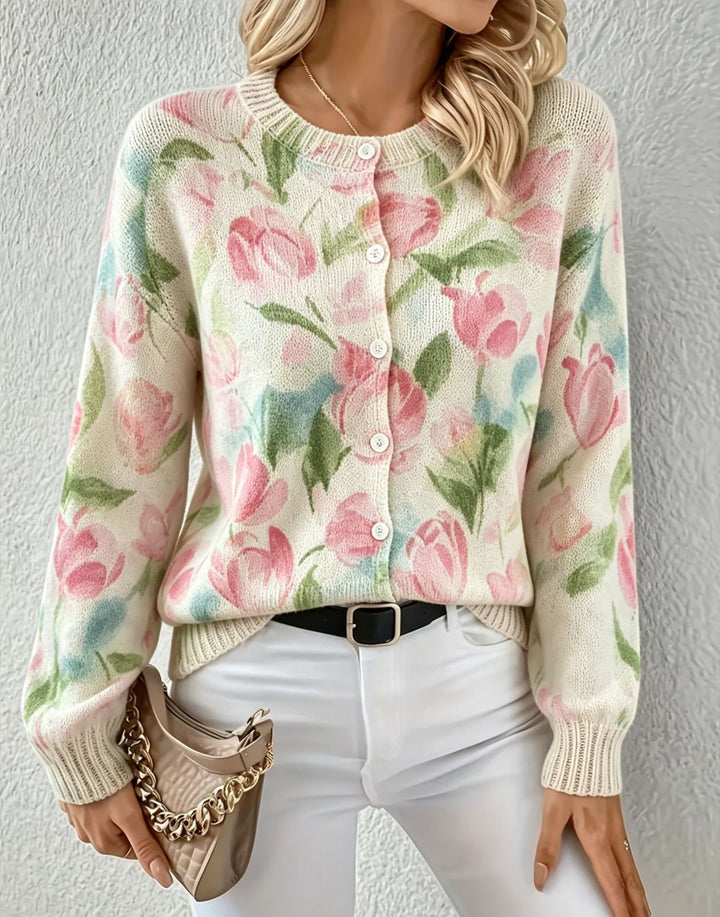 Damen Leichter Jacquard‑Strickcardigan mit Leo‑Print, Rundhalsausschnitt und Knopfleiste Drune