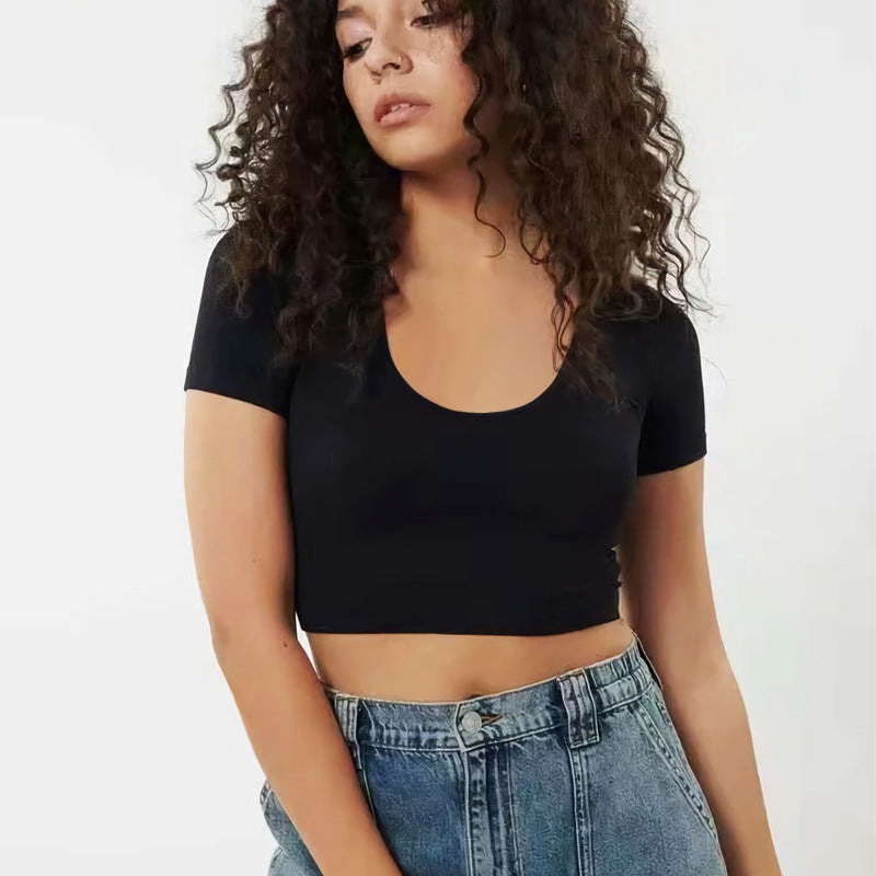 Damen Kurzarm Crop-Top mit Rundhalsausschnitt und figurbetonter Passform Drune