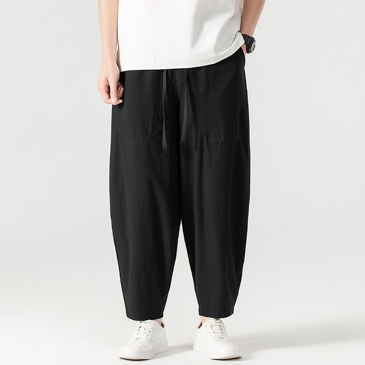 Herren Lässige Leinen-Baumwoll-Hose mit weitem Bein, Kordelzug und aufgesetzten Taschen Drune