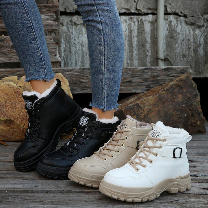 Damen nan gefütterte Plateau-Sneaker-Stiefelette mit Kunstfellkragen und profilierter Outdoor-Sohle Drune