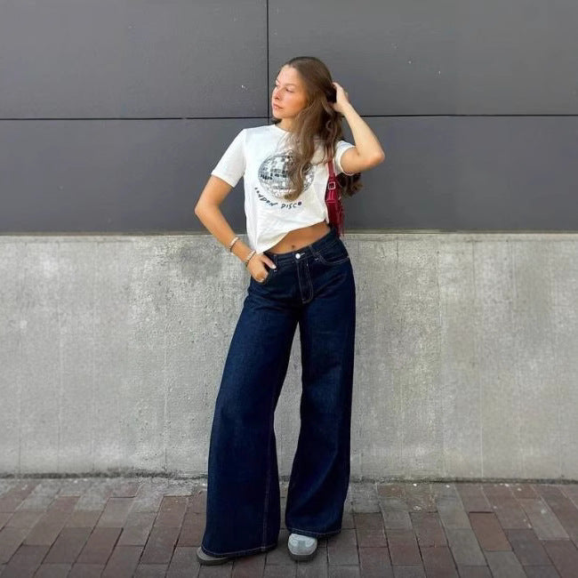 Damen nan ultraweite bodenlange Denim-Palazzohose mit cleanem Taschen-Schnitt und leichter Stretchwirkung Drune