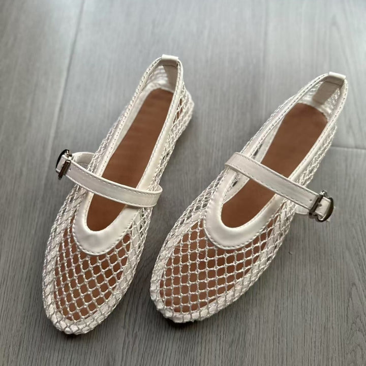 Damen Netz‑Ballerinas mit Mary‑Jane Riemen und geflochtener Sohle Drune