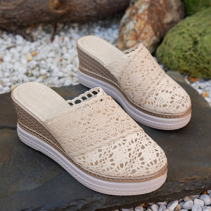 Damen nan gehäkelte Plateau-Slipper mit Jute-Details und Memory-Fußbett Drune