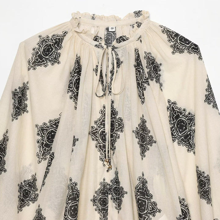 Damen Leichte Chiffon-Tunika mit Rüschenkragen, Bindeband und Ballonärmeln Drune