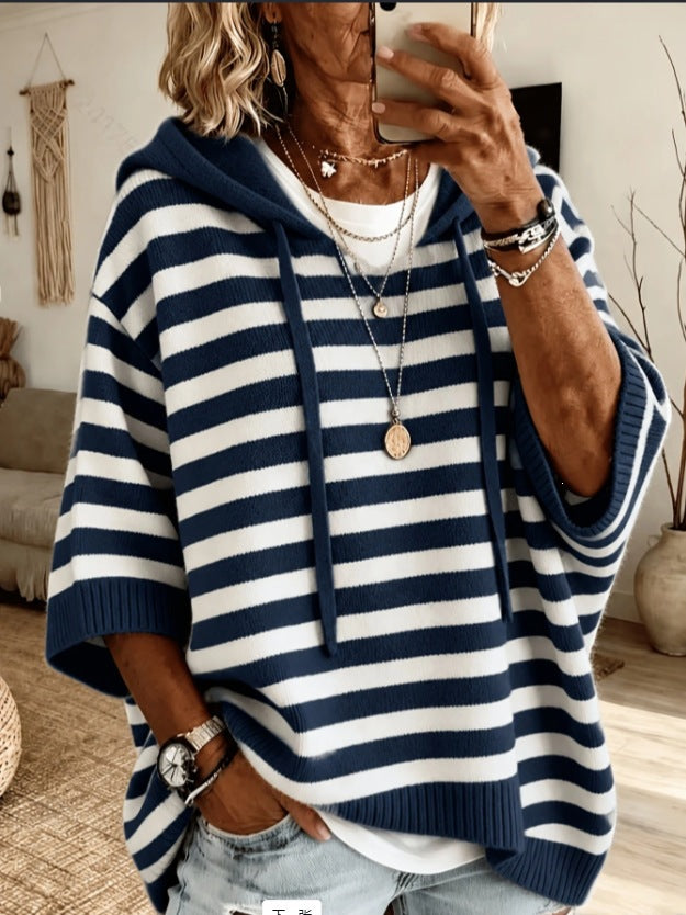 Damen nan Oversize Strickponcho mit Kapuze und kurzen Ärmeln Drune