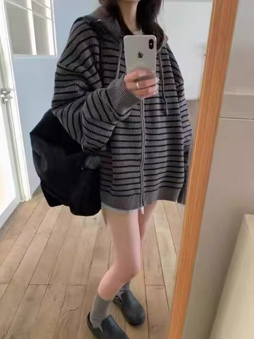 Damen Oversized Strickjacke mit Reißverschluss und Kapuze Drune