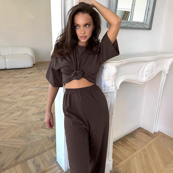 Damen lockeres Lounge-Set mit Knoten-Details und elastischer Taille Drune