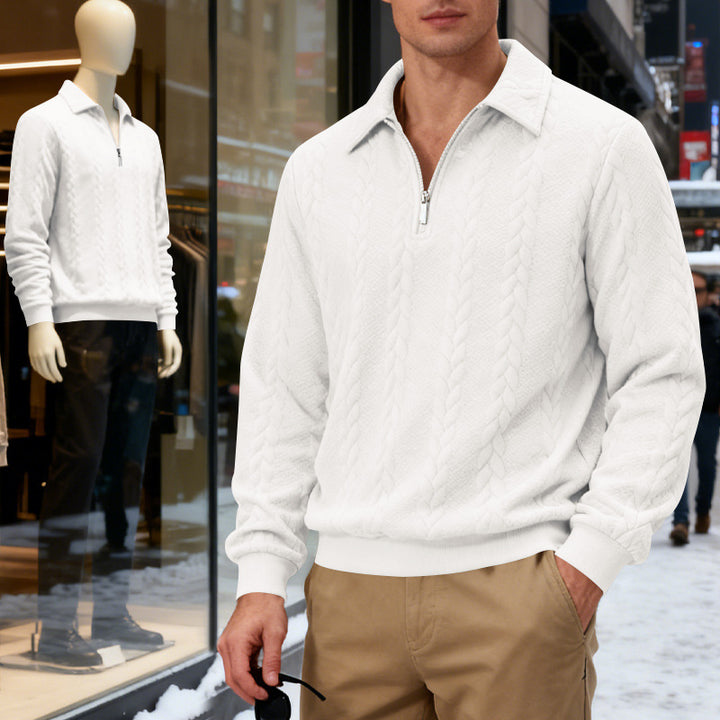 Herren nan strukturierter Strickpullover mit halbem Reißverschluss, Polokragen und Zopfmuster Drune