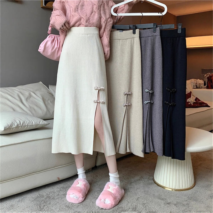 Damen Eleganter Strickrock mit Schlitz und Schleifendetails Drune