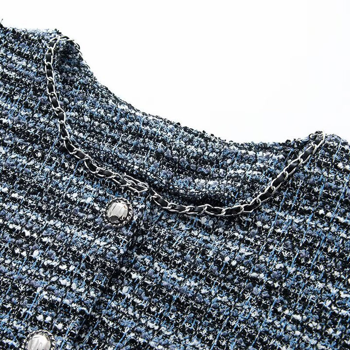 Damen Bouclé-Shorts-Overall mit taillierter Silhouette, Knopfleiste und Zierkette Drune
