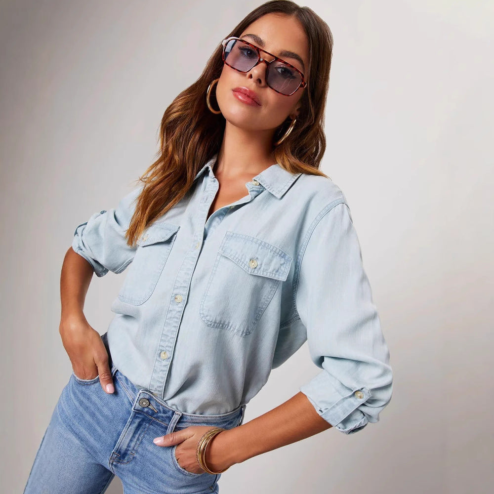 Damen Denim-Hemd mit umschlagbaren Ärmeln und zwei Brusttaschen Drune