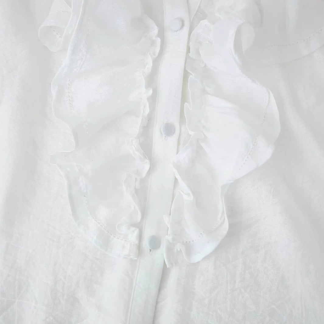 Damen nan romantische Volant-Bluse mit Stehkragen, verdeckter Knopfleiste und langen Ärmelrüschen Drune