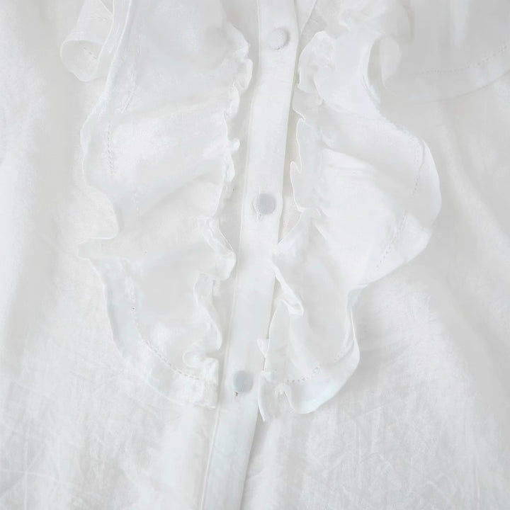 Damen nan romantische Volant-Bluse mit Stehkragen, verdeckter Knopfleiste und langen Ärmelrüschen Drune