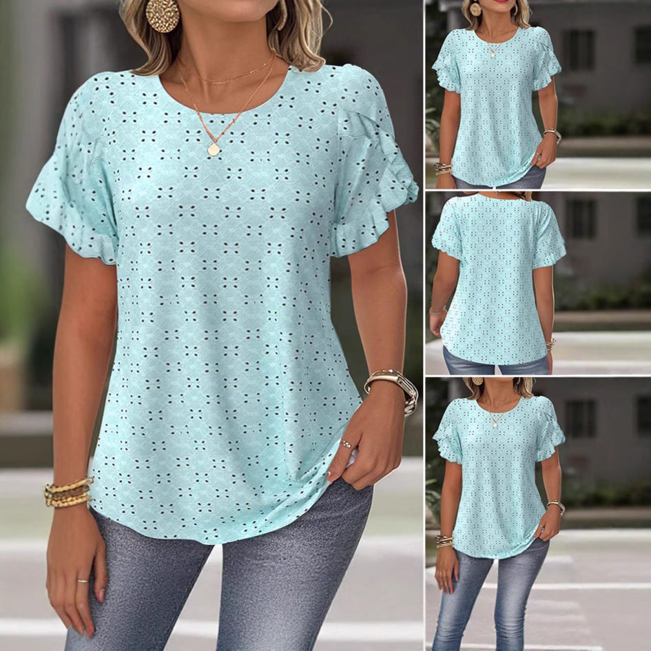 Damen nan Broderie-Anglaise-Bluse mit doppeltem Volantärmel und legerer Hüftlänge Drune