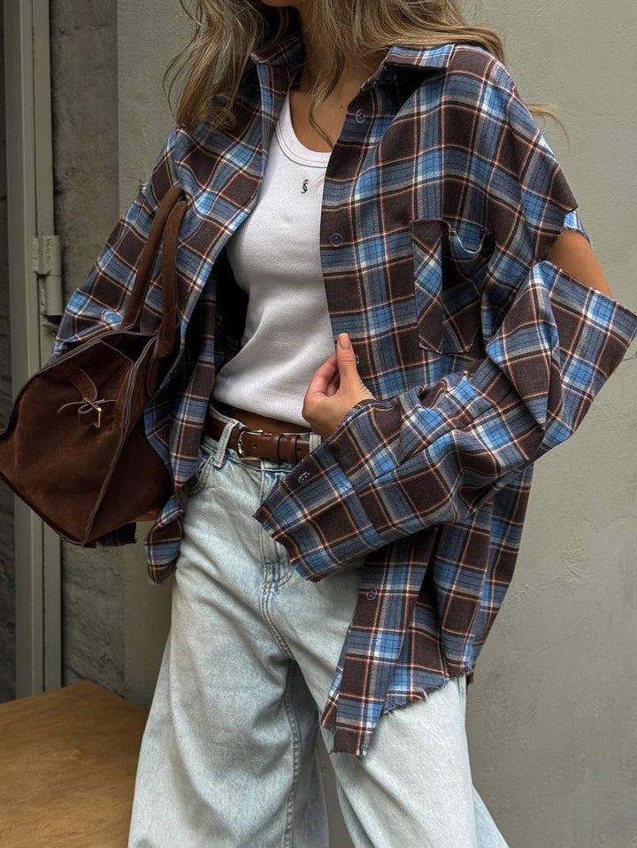 Damen karierte Oversize-Hemdjacke mit Cut-Out-Ärmeln und rohem Saum Drune