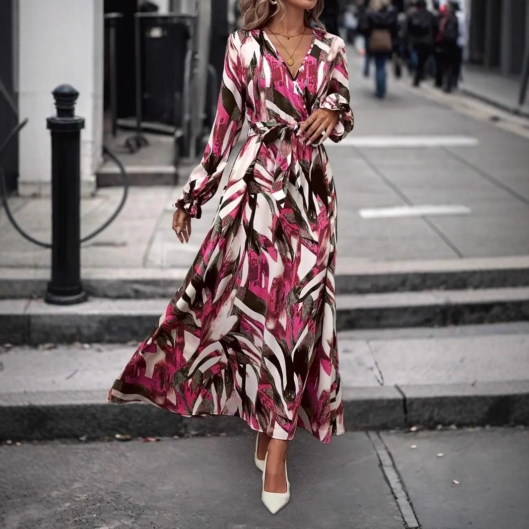 Damen Elegantes Maxikleid mit floralem Druck und Gürtel Drune
