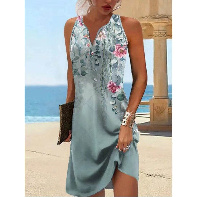 Damen elegantes Sommerkleid mit tiefem V-Ausschnitt und reizvollem Muster Drune