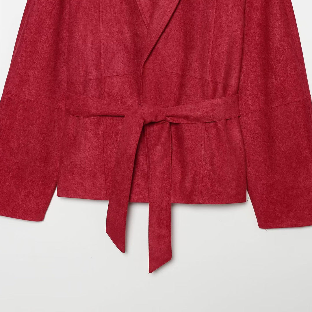 Damen Cropped Jacke im Kimono-Stil aus Veloursoptik mit Schalkragen und Bindegürtel Drune