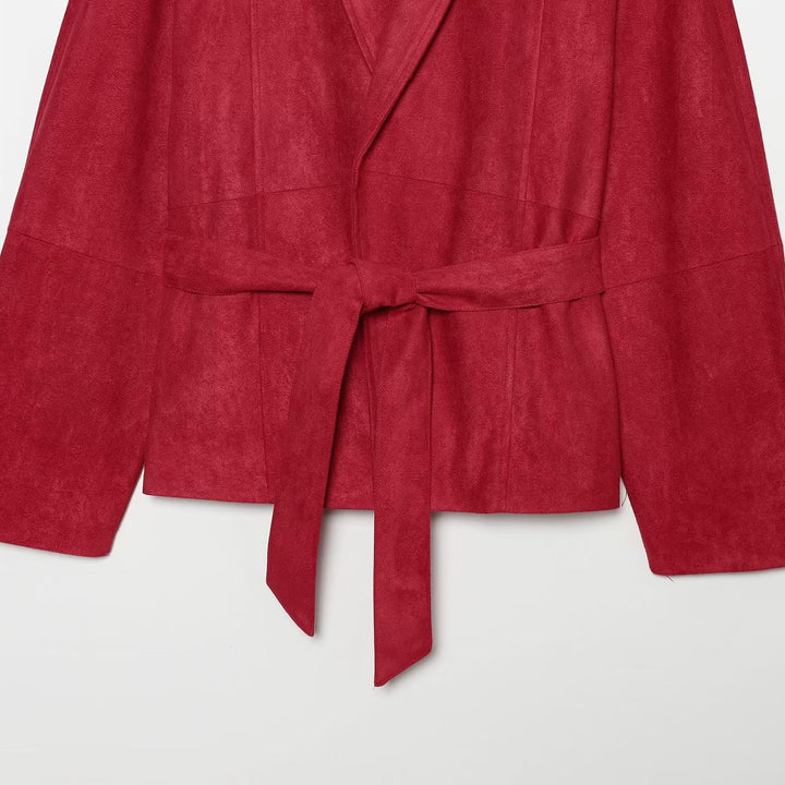 Damen Cropped Jacke im Kimono-Stil aus Veloursoptik mit Schalkragen und Bindegürtel Drune