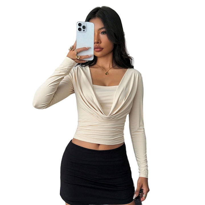 Damen drapiertes Langarm-Cropped-Top mit Wasserfall-Cowl Untertop-Einsatz und taillierter Raffung Drune