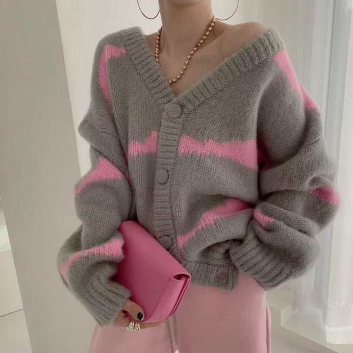 Damen oversized Strickjacke mit tiefem V-Ausschnitt und strukturiertem Muster Drune