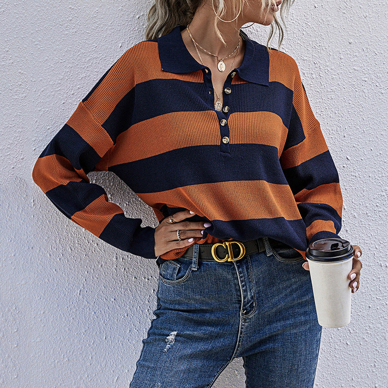 Damen Eleganter Pullover mit Polo-Kragen und Streifen Drune