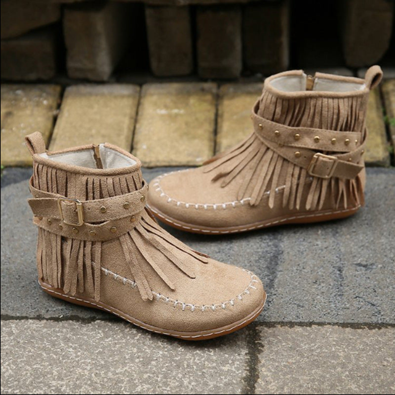 Damen Mokassin-Shortboots mit Fransen, Ziergürtel und handgenähter Mokassinnaht Drune