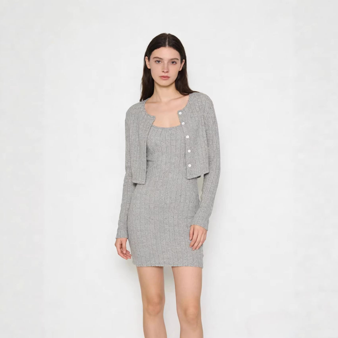 Damen Geripptes Strick-Kleid mit passendem Kurzcardigan Drune