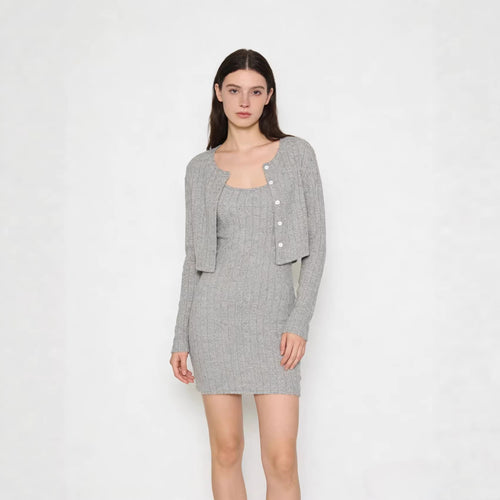 Damen Geripptes Strick-Kleid mit passendem Kurzcardigan Drune