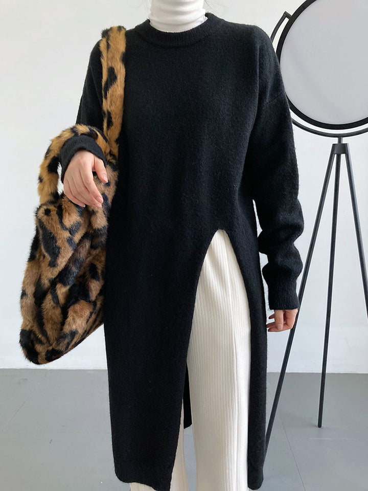 Damen Langer Strickpullover mit Lockere Passform und Seitenschlitzen Drune