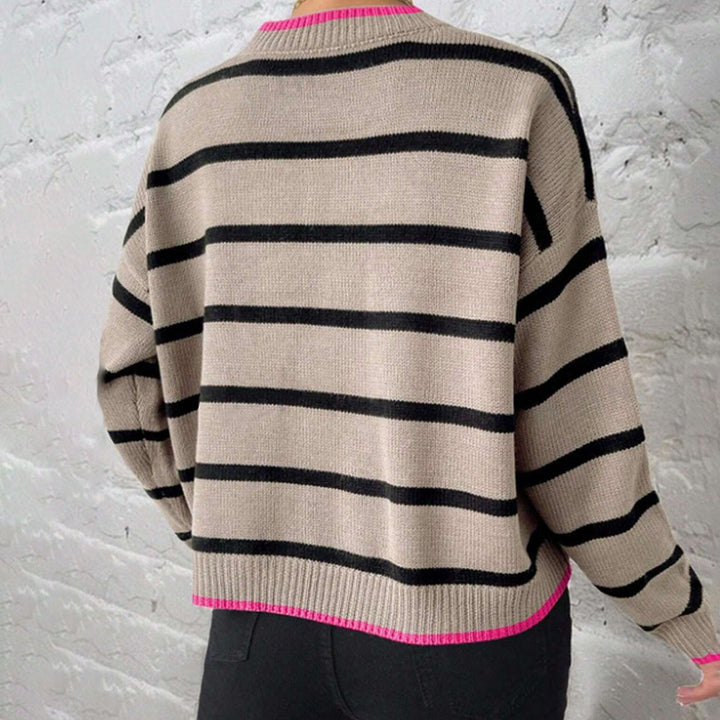 Damen lässiger gestrickter Pullover mit modischem Streifenmuster und kontrastierenden Abschlüssen Drune