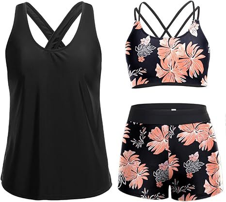 Damen Sportliches Tankini-Set mit floralem Oberteil und Shorts Drune