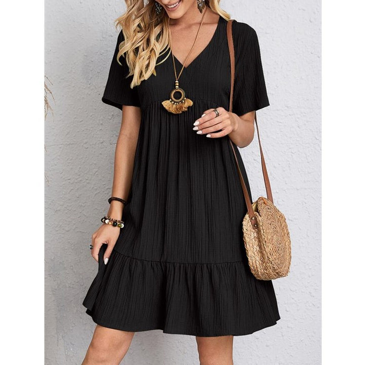 Damen lässiges Freizeitkleid mit voluminösem Saum und V-Ausschnitt Drune
