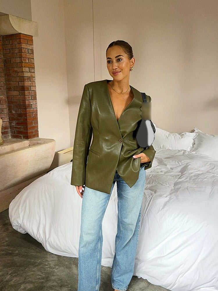 Damen Figurbetonter Lederimitat-Blazer mit einreihiger Knopfleiste und defined Shoulder Drune