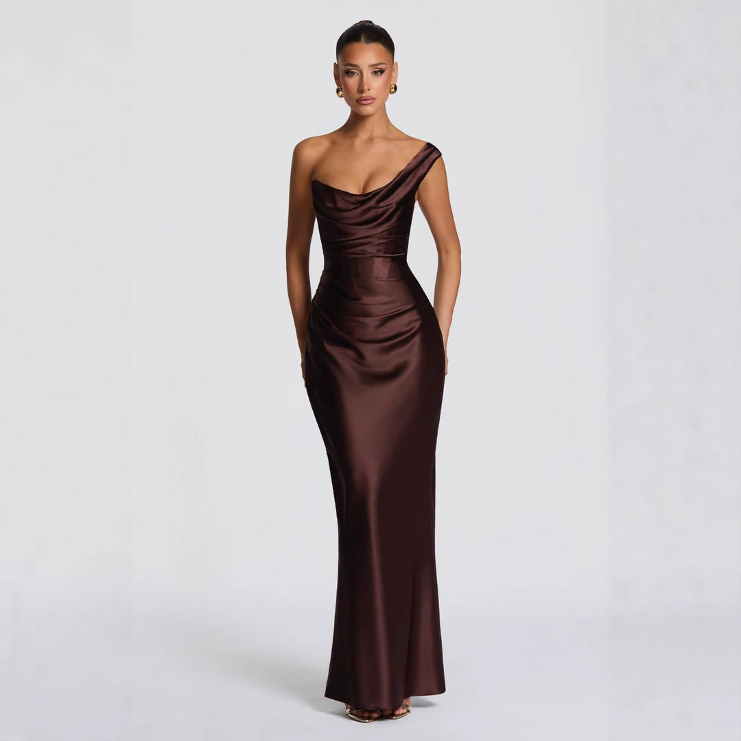 Damen Elegantes Satin Lang Abendkleid mit asymmetrischem Schnitt und figurschmeichelndem Design Drune