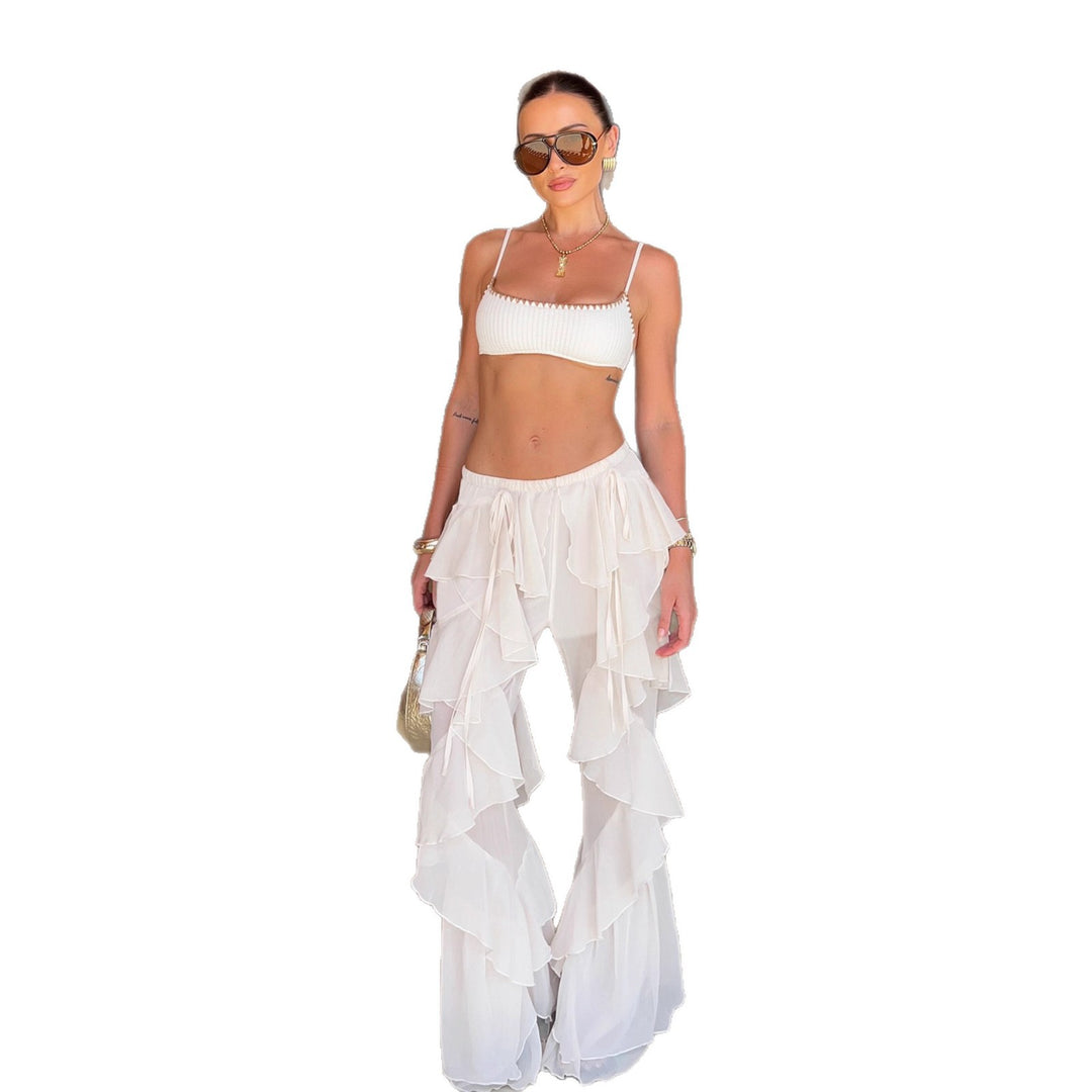 Damen Palazzo-Hose mit voluminösen Rüschendetails und elastischem Bund Drune