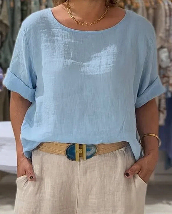 Damen Leichte Leinenbluse mit umgeschlagenen Ärmeln Drune