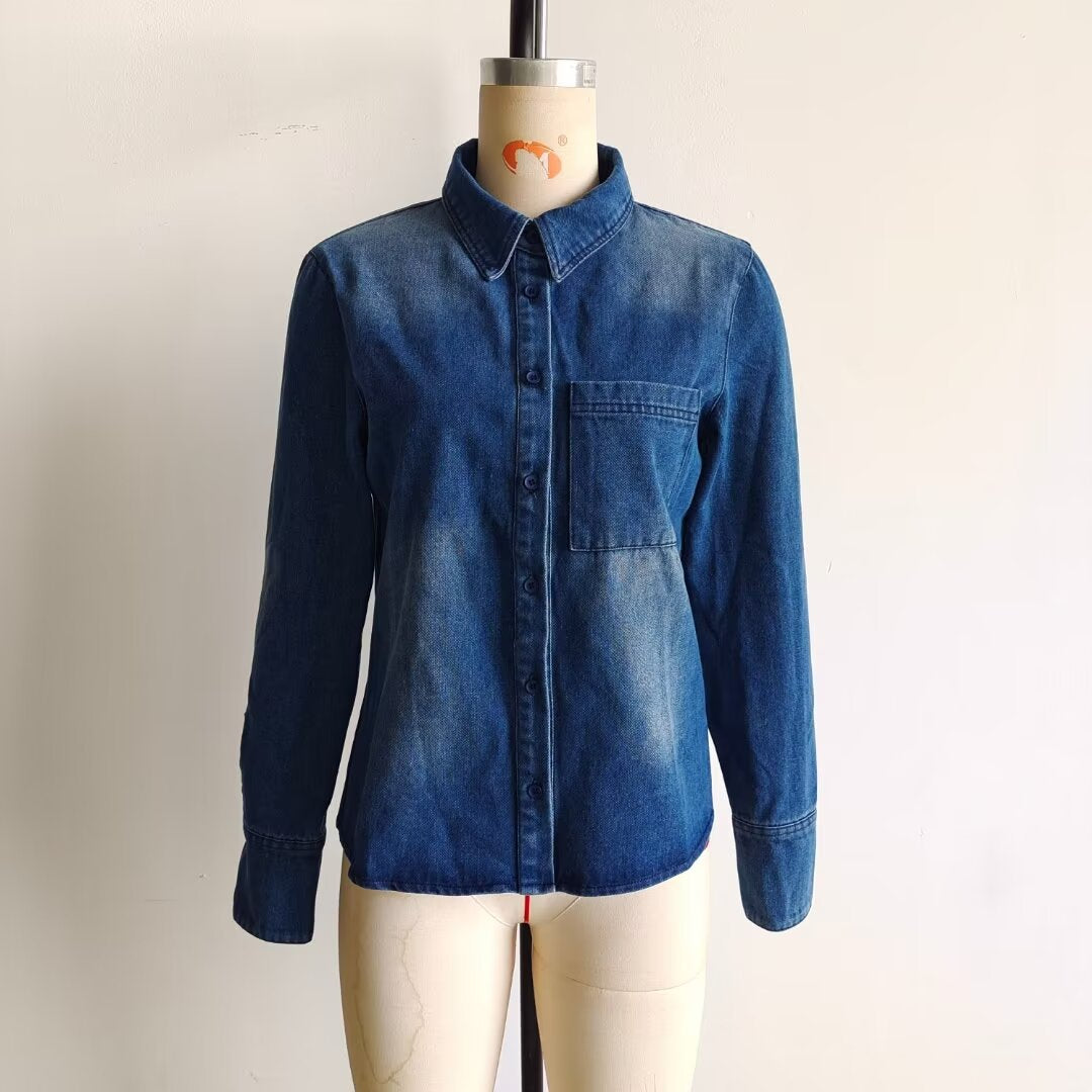 Damen nan leichte Vintage-Denim-Bluse im Relaxed-Fit mit aufgesetzter Brusttasche und durchgehender Knopfleiste Drune